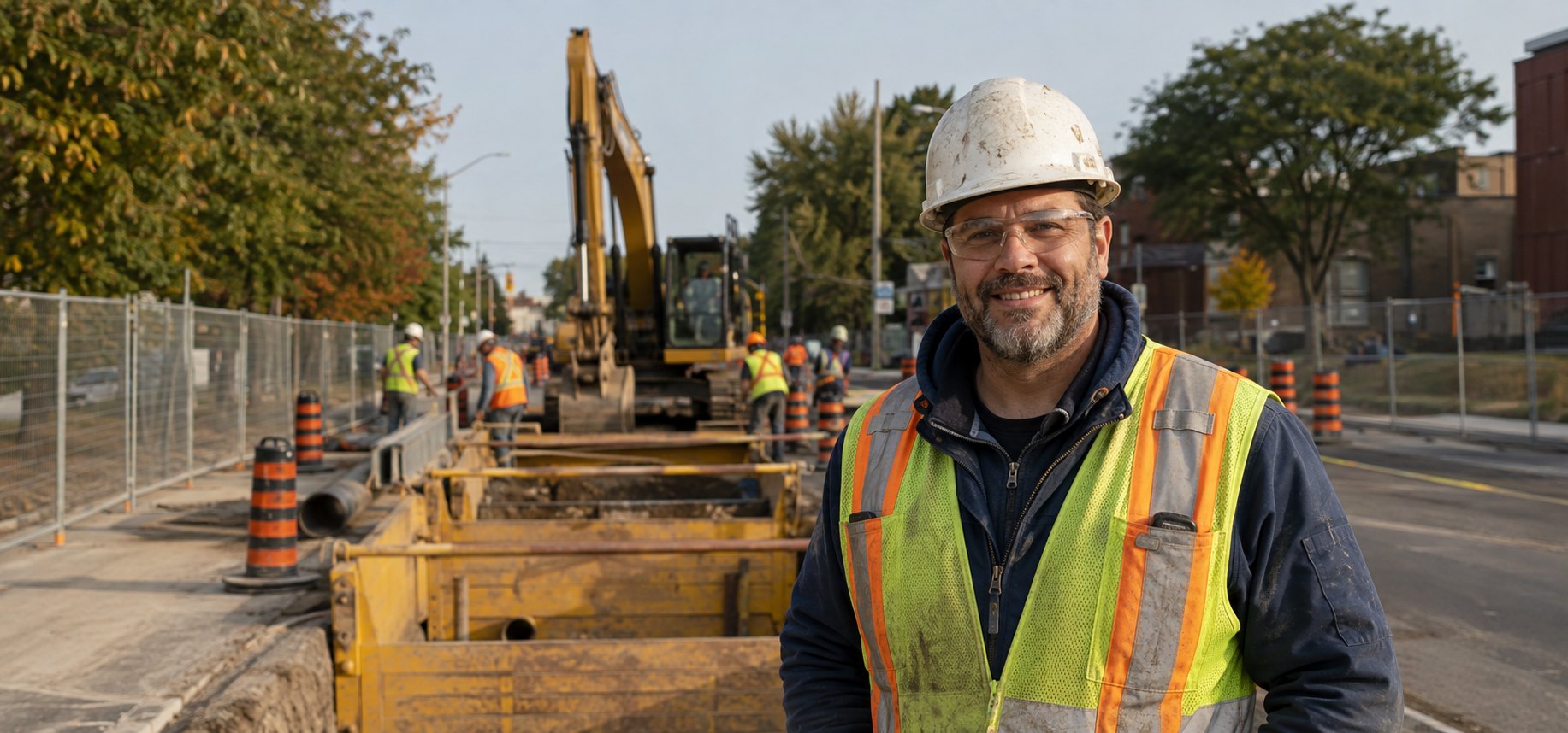 Smiling municipal site superintendent in a hard hat and high-visibility vest with an urban road and utility excavation crew and excavator working behind him