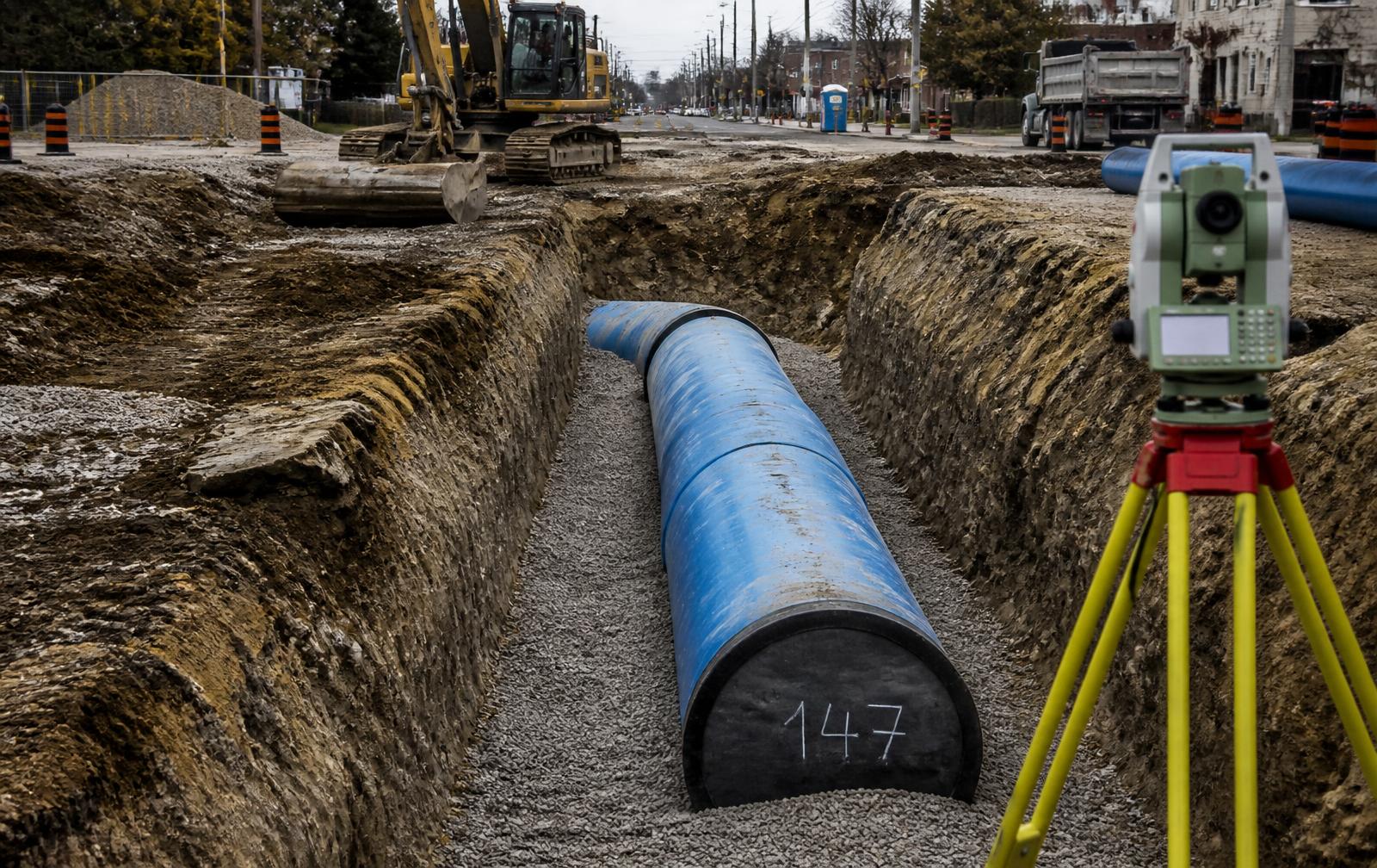 Municipal servicing works with pipe installation in an open trench