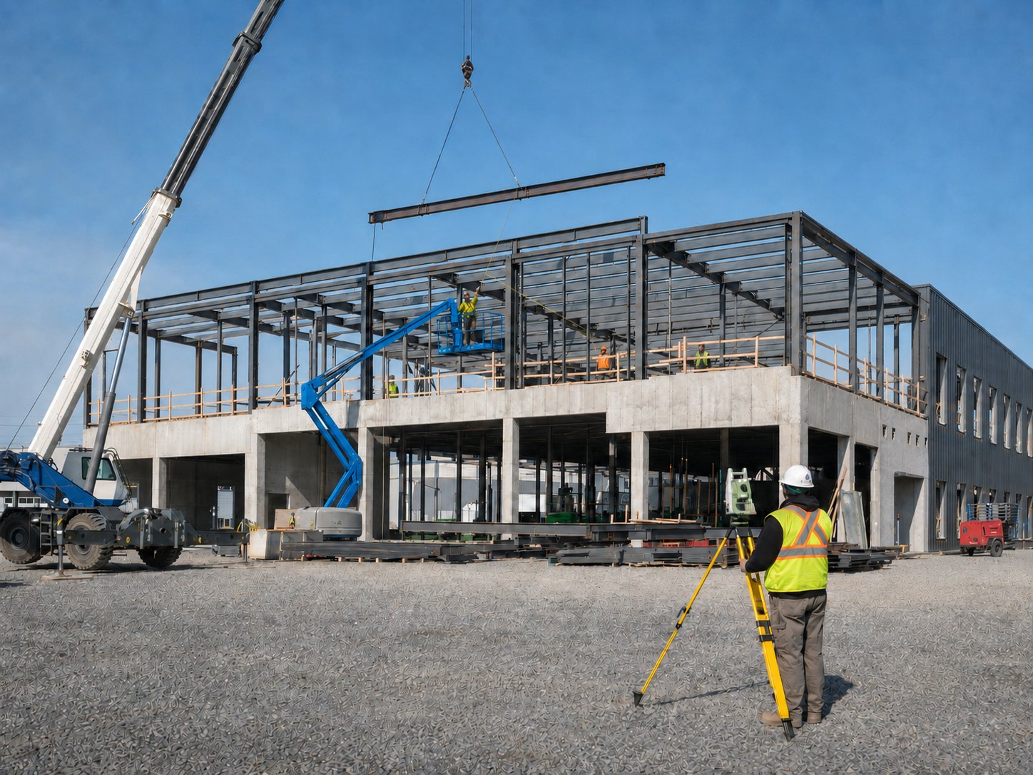 Commercial and industrial building under construction with an active crane lift, structural-steel framing, a boom lift and a surveyor coordinating from the foreground.
