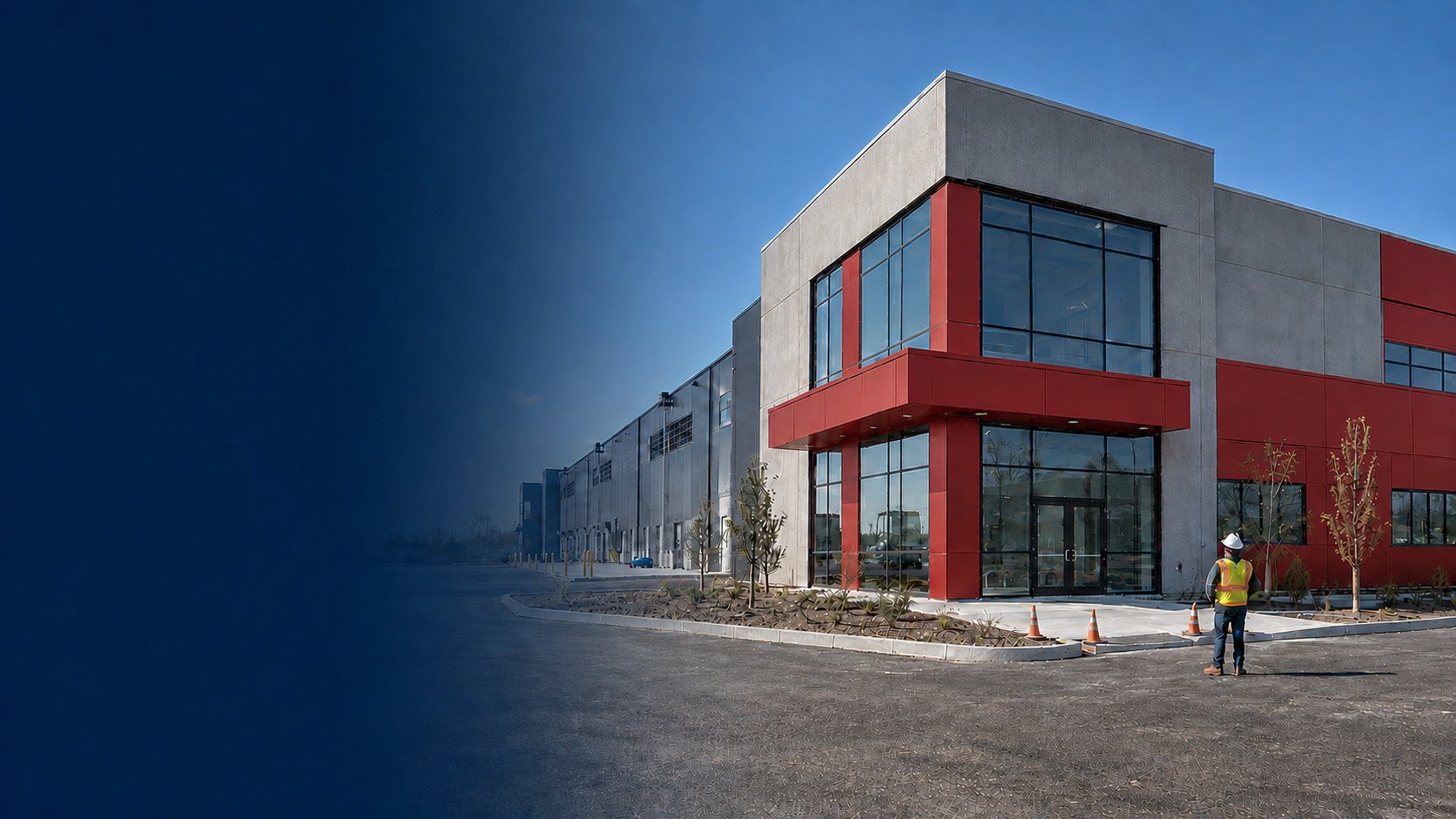 Newly completed commercial and industrial facility with a glazed two-storey corner entrance and a superintendent reviewing the finished site