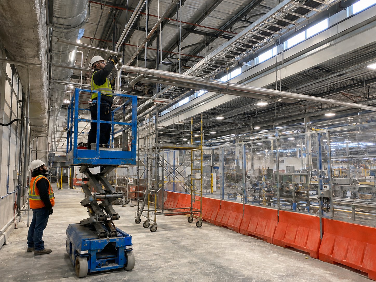 Trades installing overhead mechanical services from a scissor lift inside an operating plant, with one ground observer and barriers separating the work area from production.