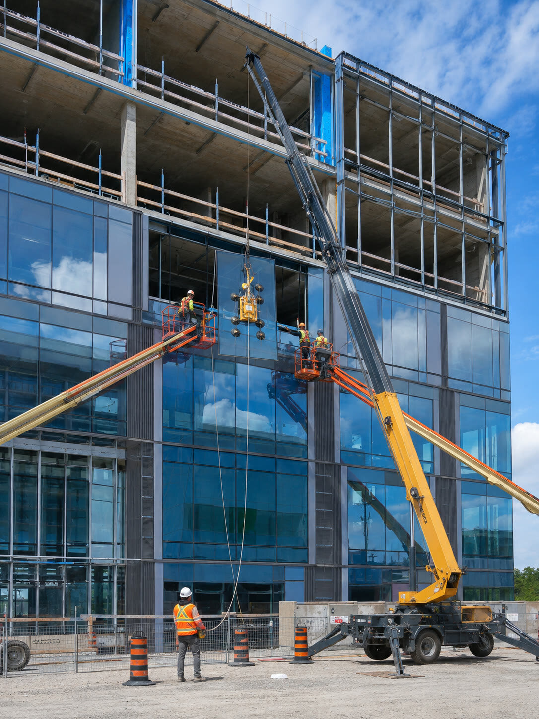 Crane lifting a large glass curtain-wall panel into place while crews on scissor lifts guide it onto a multi-storey building envelope