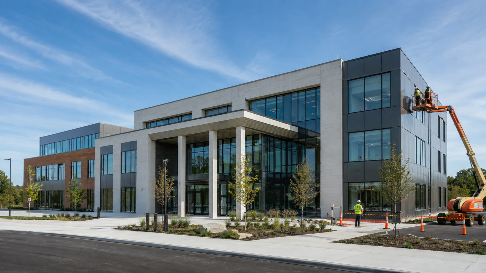 Completed modern institutional building with glass, stone and metal cladding as final commissioning work wraps up on site