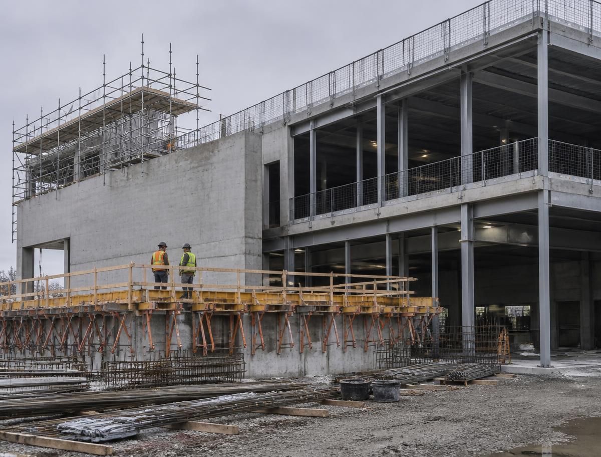 Institutional building under construction with structural concrete, formwork and workers in PPE