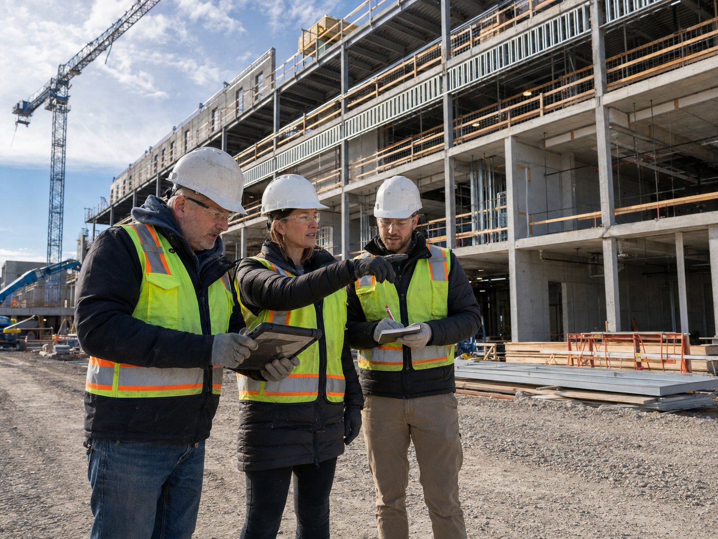 Three construction leaders coordinating an active institutional project, with a superintendent reviewing a tablet, a project manager identifying a field condition and a coordinator taking notes