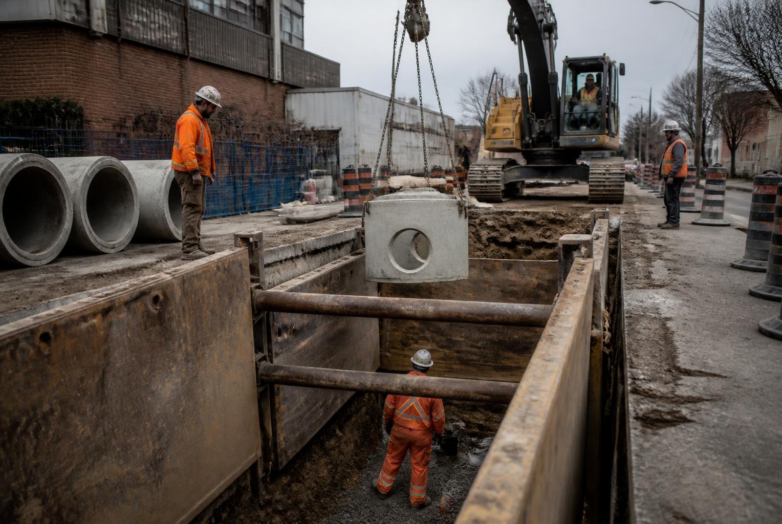 Shored municipal excavation with precast structure being set by excavator