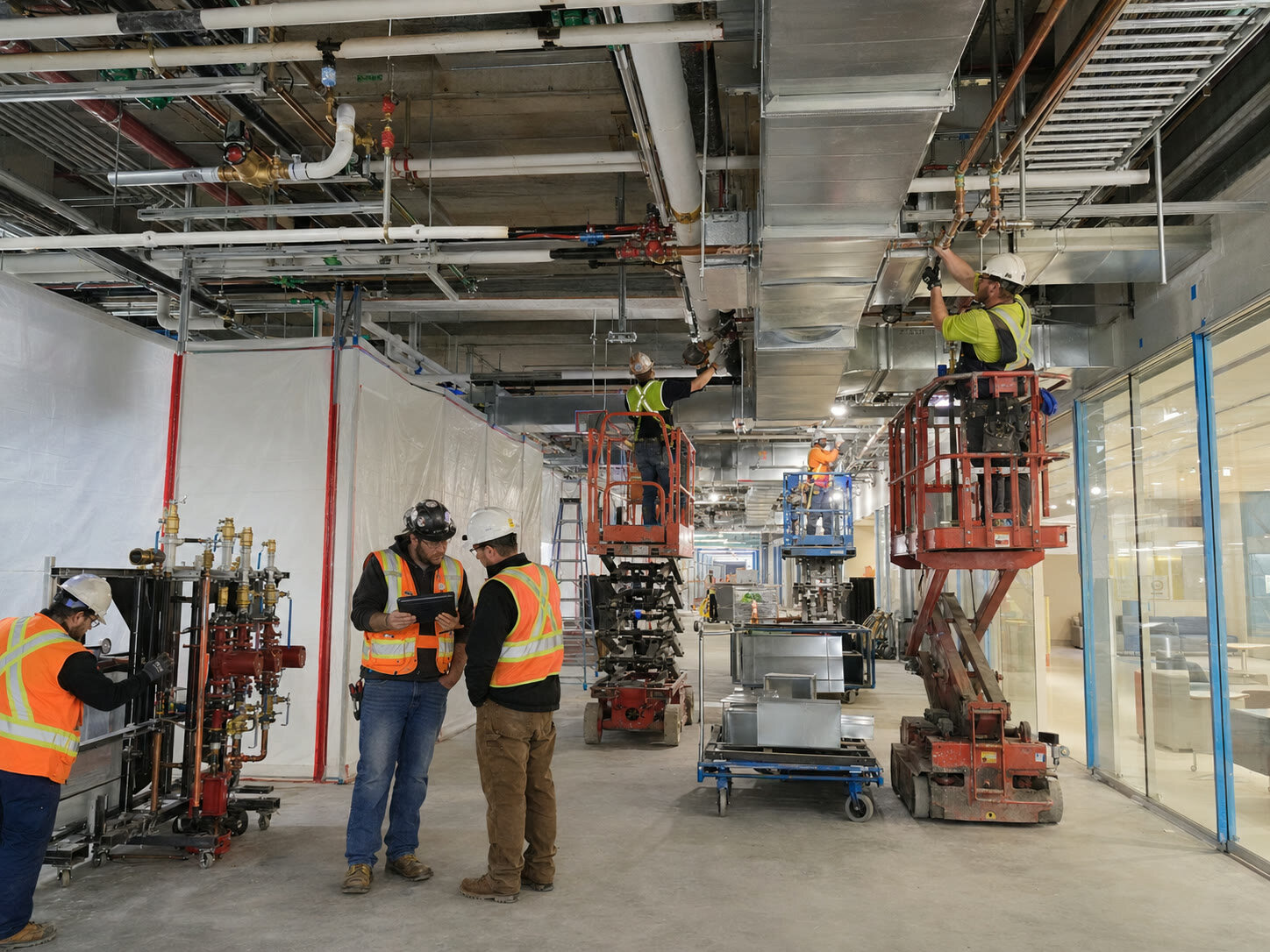 Workers on scissor lifts installing overhead mechanical and electrical services during a phased renovation inside an occupied institutional building