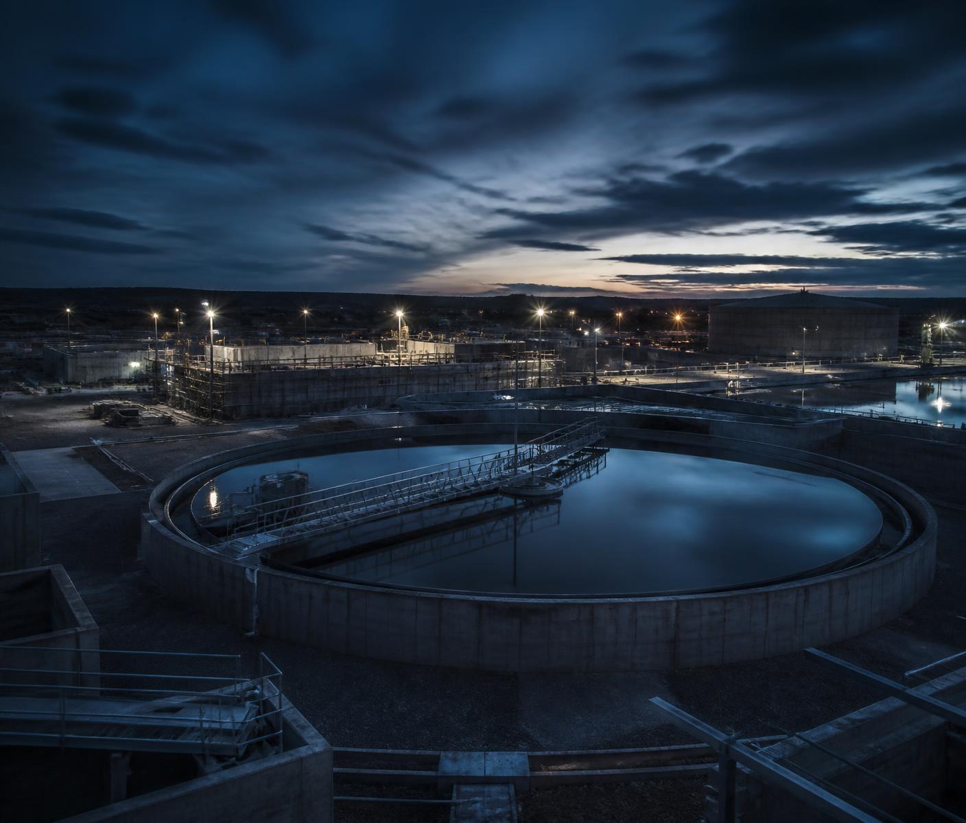 Municipal water and civil infrastructure facility under construction at dusk