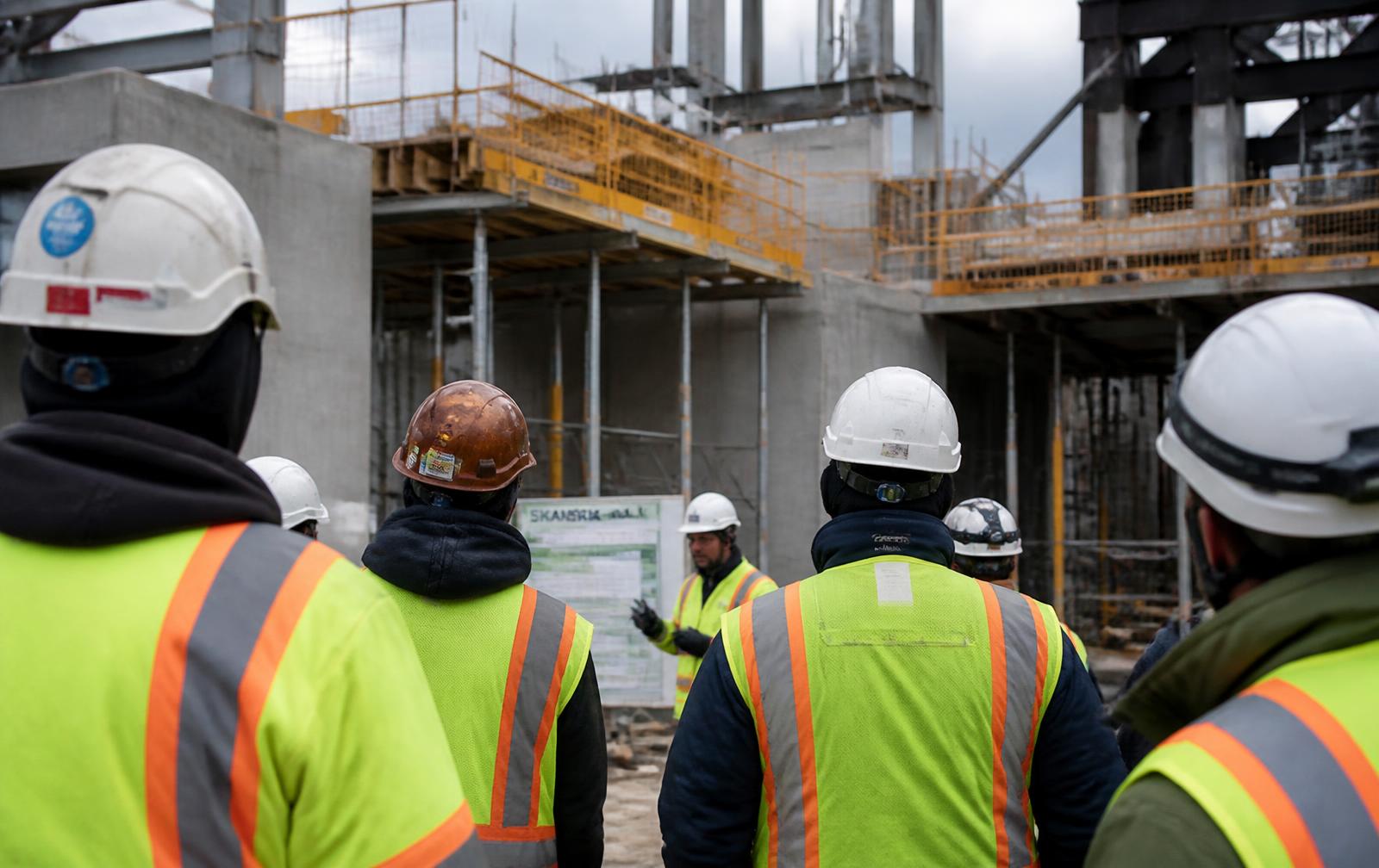 Construction crew in high-visibility vests during a site safety briefing