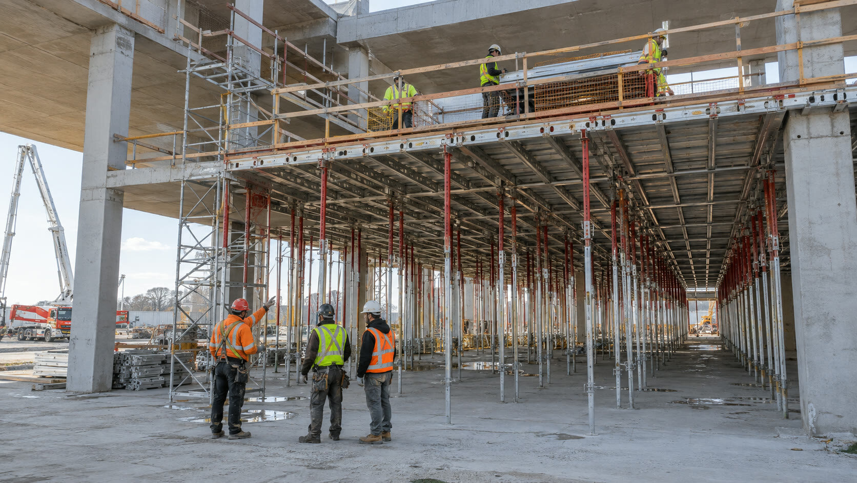 Interior of a large concrete structure under construction, supported by a dense forest of shoring jacks with crews inspecting the work